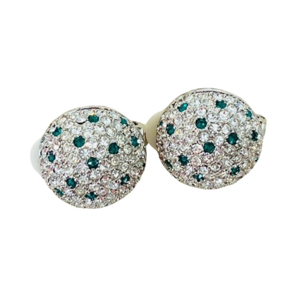 Silver Tone White and Green Crystal Clip On Earrings